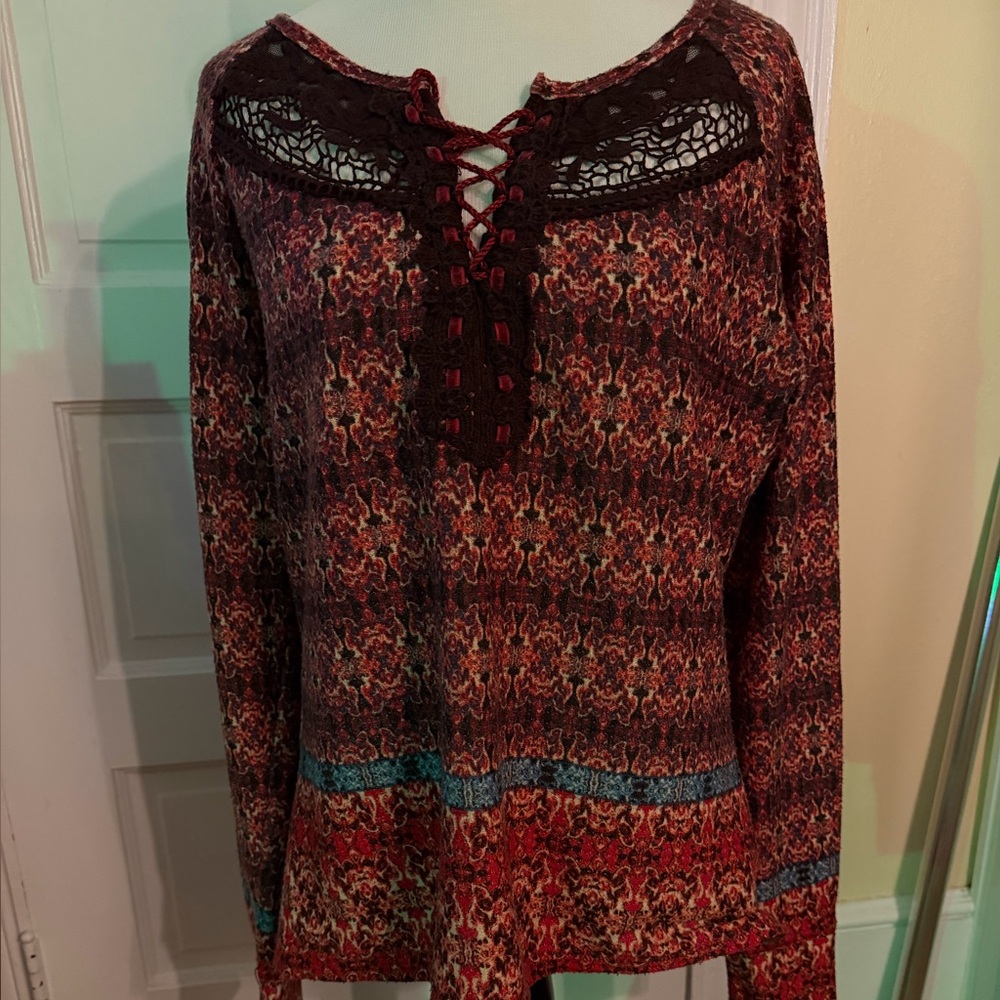 Vintage America Burgundy and Blue Patterned Blouse